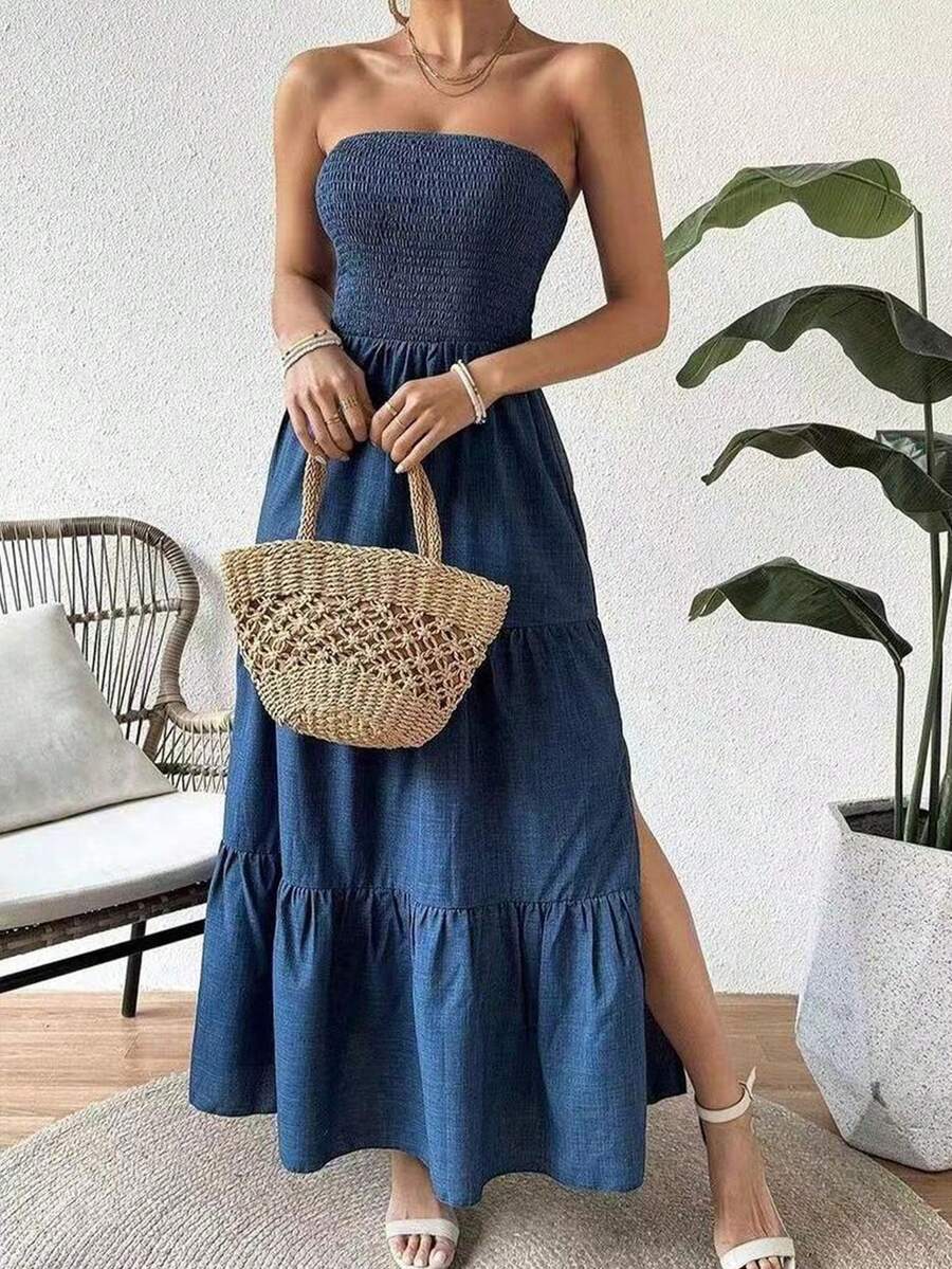 春夏休闲百搭时尚可爱性感复古派对梭织面料连衣裙，适合度假、日常、生日派对、单身派对、旅行、机场穿搭，露背、无肩带，优雅迷人。 - 藏蓝色 - 查看 1