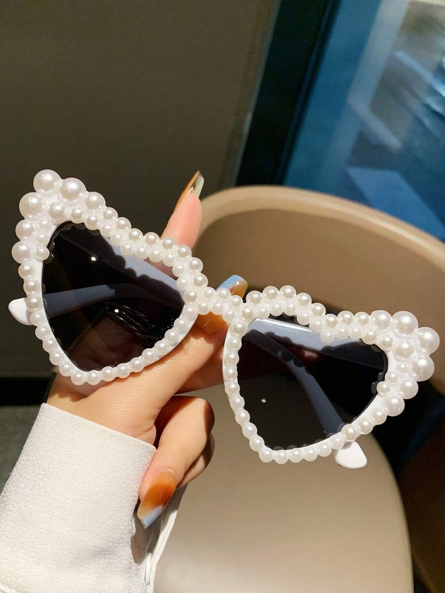 1 件超大心形镜框时尚仿珍珠装饰，适合女士派对/沙滩/摄影眼镜