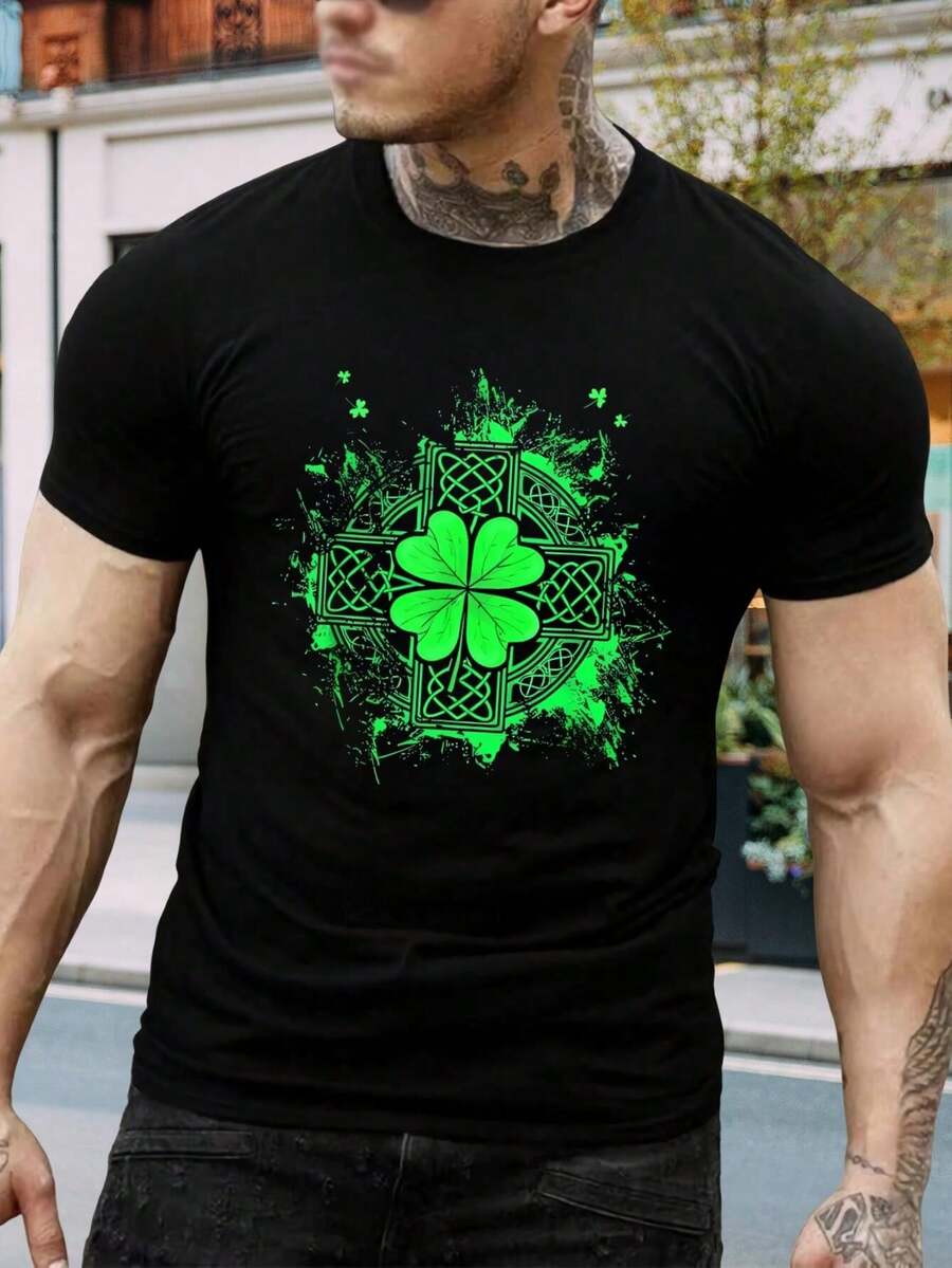 Camiseta de San Patricio con trébol para hombre y mujer | Camiseta con nudo celta irlandés | Atuendo para el día de San Patricio con trébol de la suerte | Camiseta gráfica verde | Top informal de verano | Regalo para el marido - Negro - Ver 1