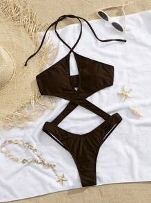 Nuevo traje de baño de una pieza con escote en V y abertura cruzada estilo europeo y americano para mujeres