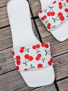 New Arrival Women's Sandals, Square Toe Flat Design, Casual Countryside Style, Fresh Cherry Print, Lightweight & Comfortable, & Versatile, Slip-On, Suitable For Home, Spring/Summer Outdoor, Street Fashion Beach Slippers - White - View 6