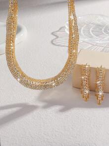 3pcs/Set Shiny Gold Rhinestone Necklace And Earrings Jewelry Set, Fashion Party Dress Accessories, Women Jewelry Set - Gold - View 2