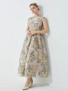 Elegant Women's Ditsy Floral Long Party Dress, Organdy Jacquard Fabric, Spring/Summer, Prom Dress