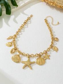 1 pieza Collar de cadena gruesa con textura de concha de metal & estrella de mar, estilo de moda exagerado, adecuado para vacaciones, playa, fiesta y uso diario - Amarillo Oro - Ver 4