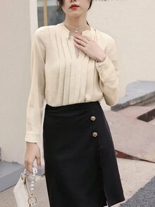 Nuevo verano transpirable pequeño cuello en V de manga larga de gasa camisas casuales de las mujeres, de moda versátil color sólido ligero cómodo tops de manga larga, de negocios casual diario conmutar camisa de las señoras - Albaricoque - Ver 2