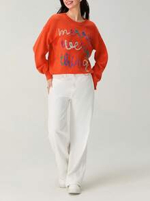Women's Christmas Ribbed Sweaters Contrast Color Letter Long Sleeve Round Neck Knitted Tops - Red - View 8