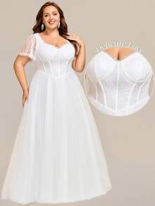 Plus Size Romantic Lace Contrast Tulle Short Sleeve Ballgown White Wedding Dresses For Summer Beach Wedding Bride Prom Dress - White - View 3