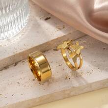 2 件/套 简约不锈钢 18k 镀金情侣戒指 情侣戒指 求婚戒指 新娘和新郎结婚戒指 带粉色皇冠戒指盒 4mm 内外圆形金戒指 适合男女情侣日常婚礼佩戴 - 金色 - 查看 6