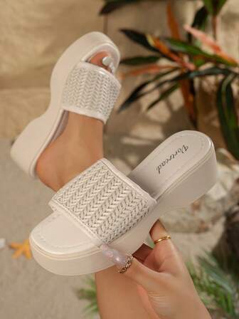 Wide Fit Women's Holiday Style Thick Platform Wedge Sandals, Woven Leather Design, Elevated Wedge Heel, Lightweight & Comfortable Slip-On Slide Sandals, Versatile For Vacation, Casual, Party Wear