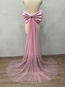 女士白色缎面大蝴蝶结网纱腰带，长135厘米。情人节配饰