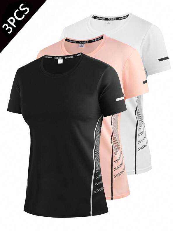 3pcs Women's Quick Dry Workout T-Shirts - Short Sleeve Stretch Athletic Tops For Running, Yoga, Fitness