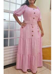 Long Dress With Belt Duna Fabric 3D Floral Plus Size Simple Elegant Conservative/Modest Buttons Front Button Sweetheart Formal & Evening - 淺粉色 - 查看 2