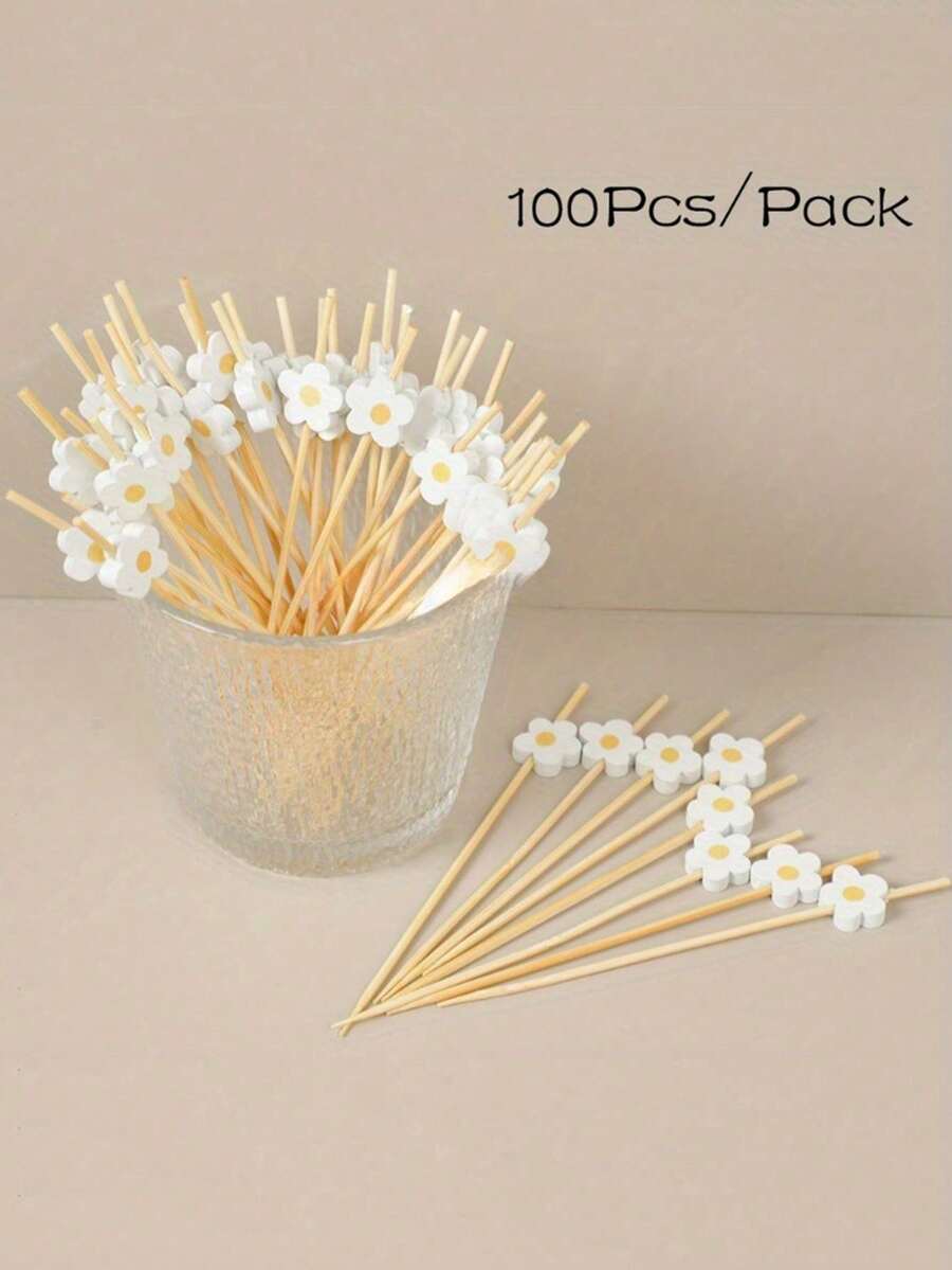50/100Pcs Bamboo Pick Sweet Daisy Theme Flower Fruit Fork, Party Dessert Salad Stick Cocktail Skewer, Wooden Picks Wedding Birthday Party Supplies
