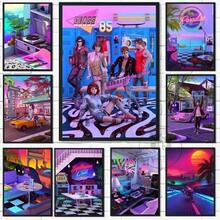 1 件复古合成波抽象卡通帆布艺术海报精美墙面装饰印刷品客厅咖啡馆酒吧可选画框 - 彩色 - 查看 1