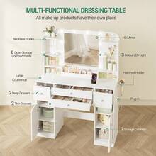 Hzuaneri Dressing Table With Mirror, Vanity Table With Adjustable Brightness, Power Strip, 4 Drawers And 2 Open Cabinets, 5 Jewelry Hooks, Open Compartments, White - White - View 3