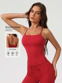 Sodalemon Women Cross Back Sleeveless Sport Training Run Padded High Support Outdoor Yoga Tank Top Summer - Red - View 2