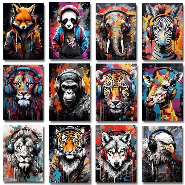 1pc /3PCS Wall Arts Posters Optional Frame Animals Fun Animals Monkeys Lion Wolf Eagle Tiger Giraffe Wearing Headphones Posters Prints Game Canvas Painting Wall Art Gaming Decor ,Wall Art With Frame