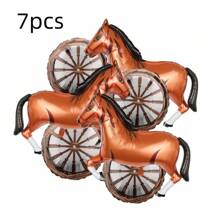 7pcs Western Cowboy Theme Horse Carriage Wheel Aluminum Foil Balloon Set, Irregular Brown Horse & Carriage Wheel Aluminum Foil Balloons, Suitable For Birthday Party, Theme Party, Anniversary, Equestrian Race, Retro, Outdoor Events, Holidays Decoration
