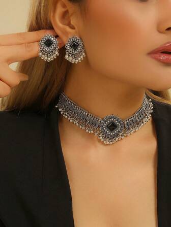 3 件套波西米亚风格 Jhumka 首饰套装，项链 + 时尚耳环，带圆珠和流苏颈链，-巴基斯坦传统配饰，适合女性日常穿着、节日、婚礼和派对/珠宝礼物