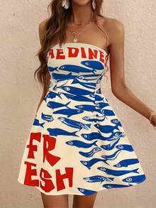 波西米亚风女装春夏时尚休闲优雅度假风撞色英文字母拉丁鱼印花露肩连衣裙 - 藍色 - 查看 4