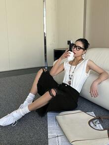 Women's Distressed Asymmetrical Hem Denim Capri Shorts - Black - View 5