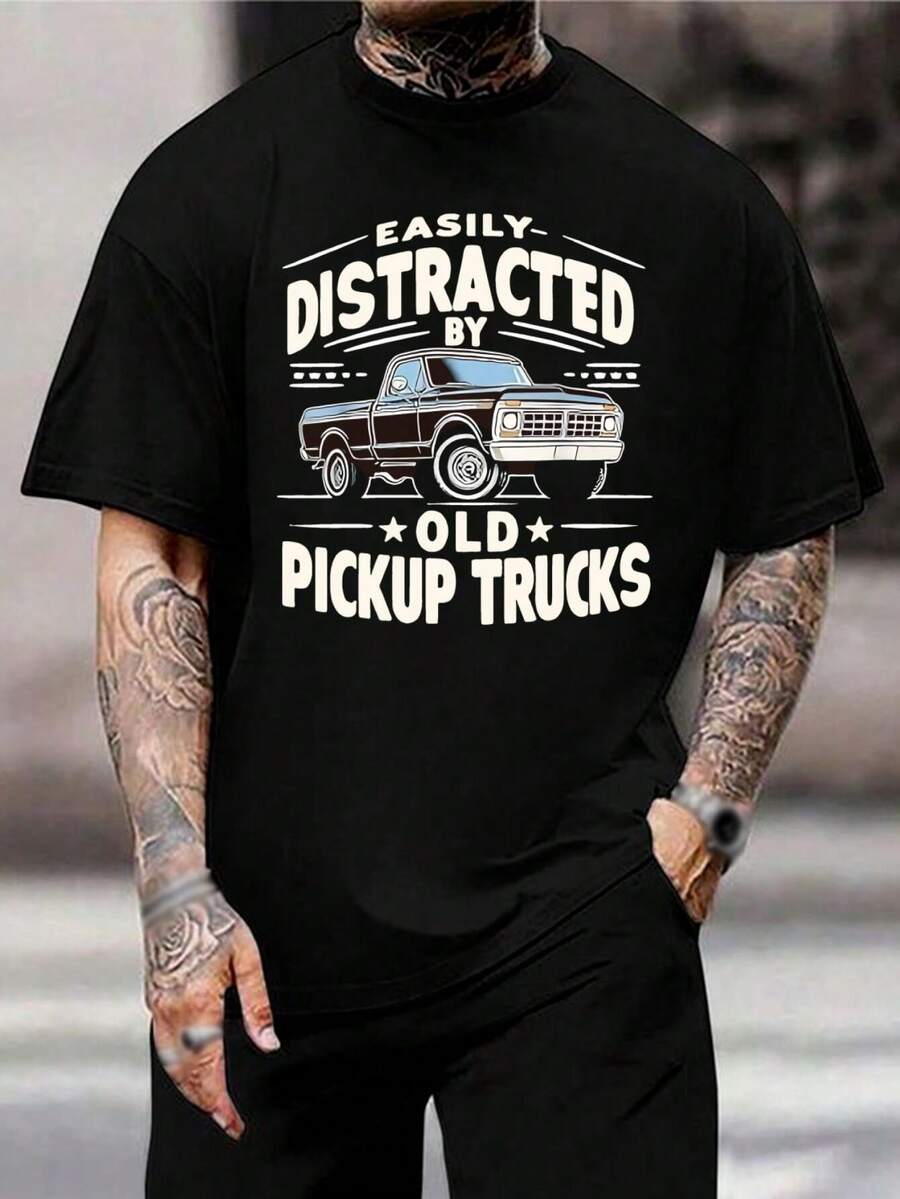 Camiseta con estampado de camionetas antiguas - Camiseta vintage para amantes de las camionetas, regalo para entusiastas de los coches clásicos, camiseta divertida de algodón con gráficos para hombre - Negro - Ver 1