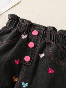 New Baby Girls Asymmetrical Heart Embroidered Casual Daily Wear Jeans - Black - View 3