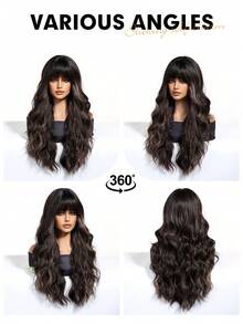 渐变棕色合成假发，带刘海，长款自然卷发，适合女士日常派对、角色扮演、圣诞假发，适合女孩