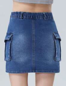 EXARUS Girls Cargo Skirt Cotton Elastic High Waist A-Line Short Mini Skirt With Pockets For School Casual 8-14Y - Màu xanh trung bình đã rửa sạch 62 - Xem 4