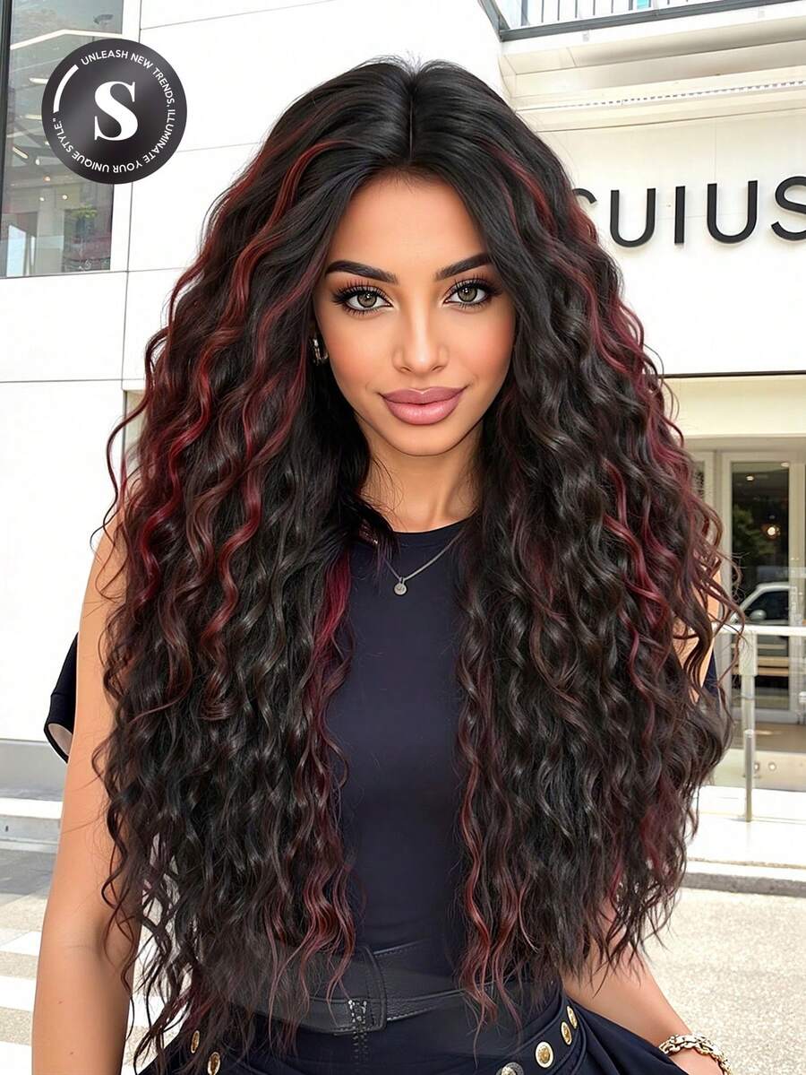28 Inch Long Curly Synthetic Wig Without Bangs: Natural Appearance, Heat Resistant, Suitable For Parties, Cosplay, Daily Wear, Makes A Great Gift For Girls, And An Ideal Summer Holiday Accessory. - Red Highlight - View 1