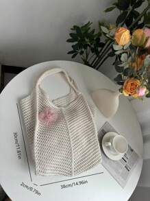 Summer Beach Hollow Woven Tote Bag, Foldable Design, Oversized Women's Handbag, Beach Bag; New Fashionable Floral Embroidery Shoulder Bag Suitable For Summer Beach, Vacation, Valentine's Day