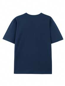(220 Pure Cotton T-Shirt)    Men's Summer Round Neck Short Sleeved Casual Pure Cotton Print  Y2k Style - Màu xanh hải quân - Xem 2