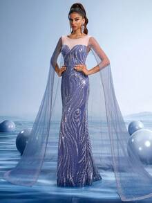 GIFORU Impresionante vestido de noche azul marino bordado con detalles de lentejuelas y capa fluida - Vestido formal elegante para bodas, galas y ocasiones especiales, vestido de fiesta, para invitados de boda - Neblina azul - Ver 6