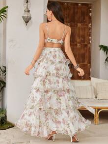 [Random Floral Design] Women Spaghetti Strap Backless Digital Watercolor Floral Print Chiffon Layered Ruffle Elegant A-Line Dress - White - View 2