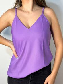 Women's Tank Top With Adjustable Straps Basic Crepe Strappy Top - Lila - Ver 5