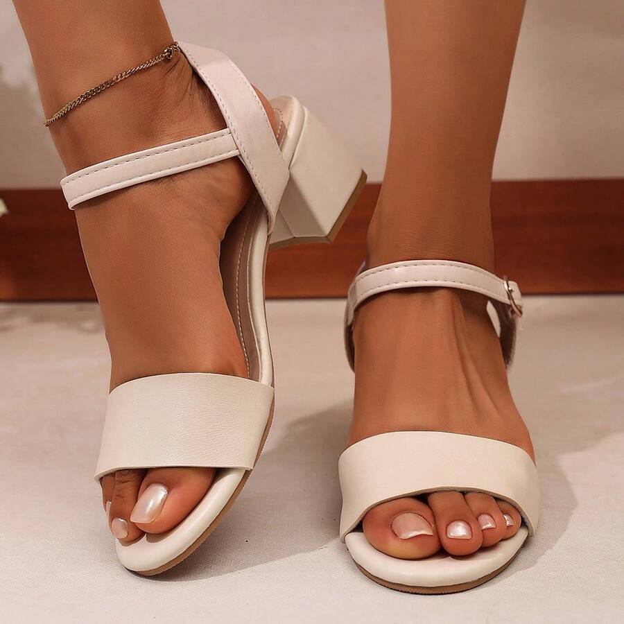 Giày cao gót quai mảnh cổ điển màu trơn cỡ lớn cho nữ, gót 5cm, đế PU dày chống trượt thoải mái, thích hợp cho du lịch, nghỉ dưỡng, mua sắm, tiệc tùng - Màu be - Xem 1