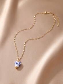 1pc Vintage Style Porcelain Pattern Multi-Element Heart & Flower Pendant Necklace, Suitable For Women Everyday Wear - Multicolor - View 4