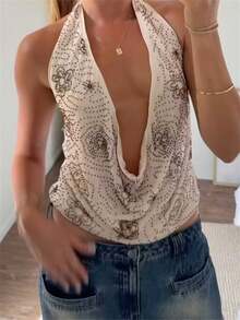 Women Tank Tops Beaded Flower Cowl Neck Halter Neck Casual Vests Summer Backless Sleeveless Tops Streetwear - 咖啡棕 - 查看 2