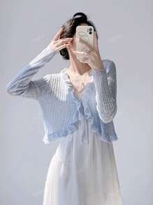 Lightweight Ruffle Tie Front Knitted Cardigan For Women, Summer Cover Up Short Top