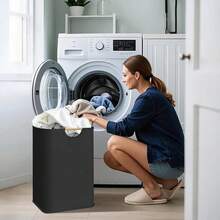 1pc Large Collapsible Waterproof Linen Laundry Basket, Dirty Clothes Storage Bin, Toys Storage Basket For Home Use - Black - View 5