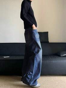 1件 Hearty Haven 休闲宽松复古水洗阔腿男士牛仔裤 - 寶藍色 - 查看 3