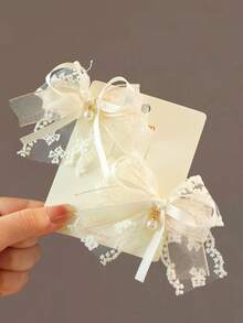 2 件网状蕾丝珍珠蝴蝶结夹，多功能日常配饰，春夏季 - 米色 - 查看 3