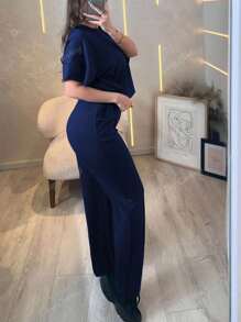 2pcs Women Plus Size Set, Casual Loose Fit Solid Color Short Sleeve Top With Elastic Waist Pocket Pants, Spring/Summer