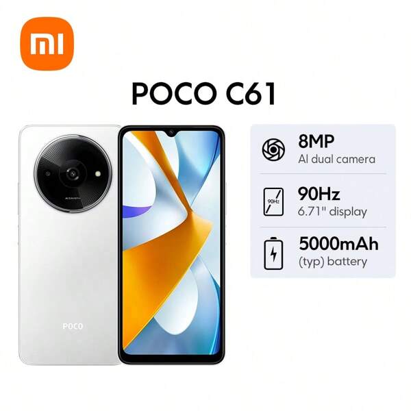 Xiaomi هاتف ذكي Mi POCO C61 الإصدار العالمي, شاشة سلسة 6.71 بوصة بتردد 90 هرتز، تصميم أنيق وأنيق، نظام كاميرا مزدوج 8 ميجابكسل بتقنية AI، بطارية ضخمة 5000 مللي أمبير في الساعة (نموذجية)، قفل بالبصمة ووجه آمن، معالج MediaTek Helio G36 بتقنية 12 نانومتر بنواة ثماني تصل إلى 2.2 جيجا هرتز، يدعم التخزين القابل للتوسيع، يدعم الشحن بقوة 10 واط، Bluetooth 5.4، نظام Android 14، يدعم شبكتي 4G