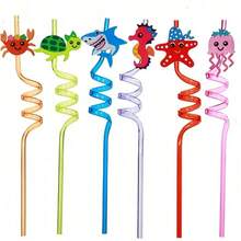 8pcs Reusable Cartoon Sea Animal Drinking Straws, Birthday Party Supplies, Bar Party Straws - Multicolor - View 3