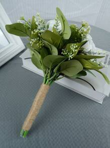 1 Stück neue künstliche weiße Rose mit Geldpflanze Blatt Bouquet, Hochzeitsdekoration, geeignet für Hochzeitsfotografie, Wohnzimmerdekoration, Brautstraußaccessoire