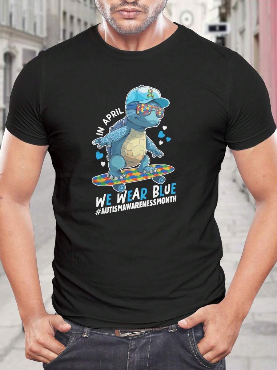 Camiseta de monopatín de tortuga del Mes de Concientización sobre el Autismo - Usa azul para apoyar el autismo - Linda camiseta de tortuga para defensores, maestros y familias del autismo - Camiseta única para papá con diseño de pieza de rompecabezas del autismo - Regalo de concientización sobre el autismo - Negro - Ver 1