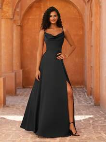 MOEVIO Sexy Spaghetti Straps Sweetheart Neck Draped Split Thigh Backless Formal Wedding Guest Party Dress Bride Shower Birthday Graduation Dress, Luxury Evening Dresses For Women, Birthday Women Outfits, Fall Back To School Gown - Black - View 9