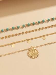 女士3入組創意時尚復古綠松石色閃耀流蘇多層串珠項鏈套裝 - 金黃色 - 查看 5