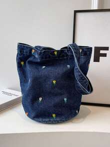 Bolso de lona de verano con bordado, bolso de tela vaquera, diseño único, bolso de hombro de gran capacidad y de moda para ir al trabajo - Multicolor - Ver 16